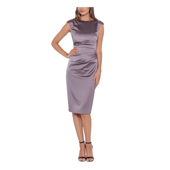 BETSY & ADAM Womens Gray Zippered Gathered Slitted Ruched Back Lined Cap Sleeve Jewel Neck Knee Length Cocktail Sheath Dress main image 0